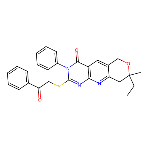 8-ethyl-8-methyl-2-((2-oxo-2-phenylethyl)thio)-3-phenyl-8,9-dihydro-3H-pyrano[3',4':5,6]pyrido[2,3-d]pyrimidin-4(6H)-one structure