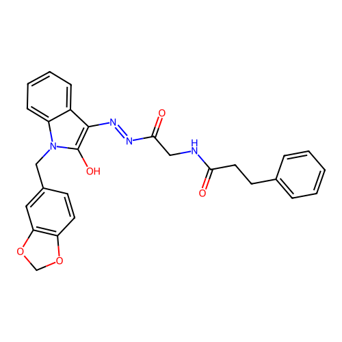 (Z)-N-(2-(2-(1-(benzo[d][1,3]dioxol-5-ylmethyl)-2-oxoindolin-3-ylidene)hydrazinyl)-2-oxoethyl)-3-phenylpropanamide structure