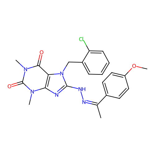 7-(2-chlorobenzyl)-8-{(2Z)-2-[1-(4-methoxyphenyl)ethylidene]hydrazinyl}-1,3-dimethyl-3,7-dihydro-1H-purine-2,6-dione structure