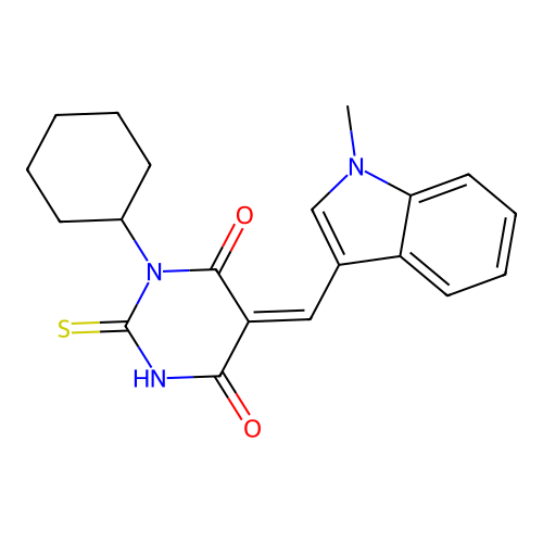 (Z)-1-cyclohexyl-5-((1-methyl-1H-indol-3-yl)methylene)-2-thioxodihydropyrimidine-4,6(1H,5H)-dione structure