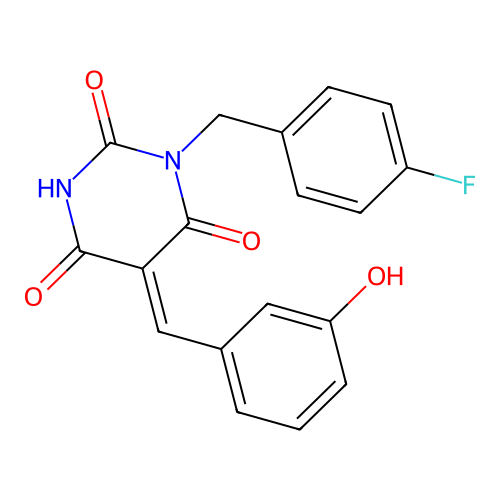 (Z)-1-(4-fluorobenzyl)-5-(3-hydroxybenzylidene)pyrimidine-2,4,6(1H,3H,5H)-trione structure