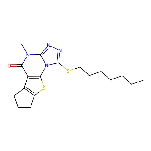 1-(heptylsulfanyl)-4-methyl-7,8-dihydro-6H-cyclopenta[4,5]thieno[3,2-e][1,2,4]triazolo[4,3-a]pyrimidin-5(4H)-one structure