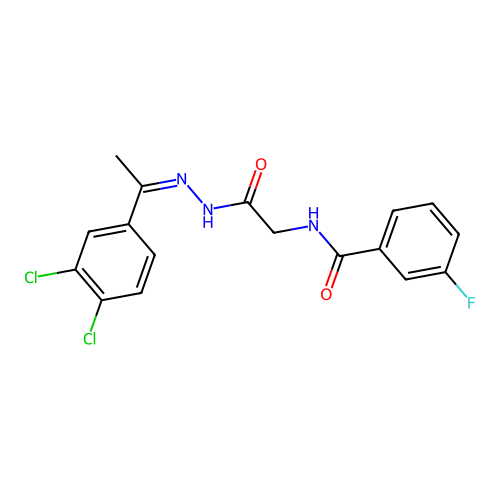 (Z)-N-(2-(2-(1-(3,4-dichlorophenyl)ethylidene)hydrazinyl)-2-oxoethyl)-3-fluorobenzamide structure