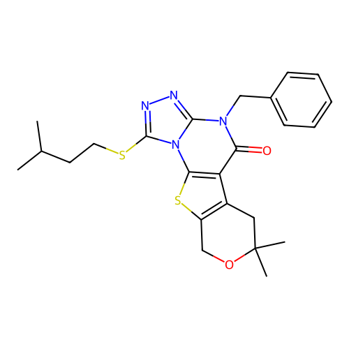 4-benzyl-1-(isopentylthio)-7,7-dimethyl-6,7-dihydro-4H-pyrano[4',3':4,5]thieno[3,2-e][1,2,4]triazolo[4,3-a]pyrimidin-5(9H)-one structure