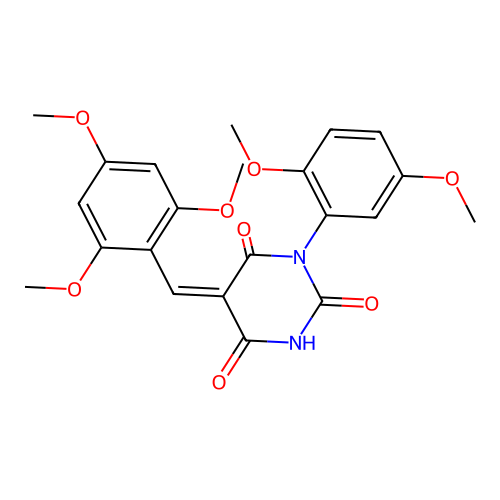 (5Z)-1-(2,5-dimethoxyphenyl)-5-(2,4,6-trimethoxybenzylidene)pyrimidine-2,4,6(1H,3H,5H)-trione structure