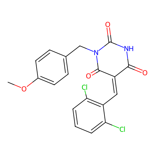 (5Z)-5-(2,6-dichlorobenzylidene)-1-(4-methoxybenzyl)pyrimidine-2,4,6(1H,3H,5H)-trione structure