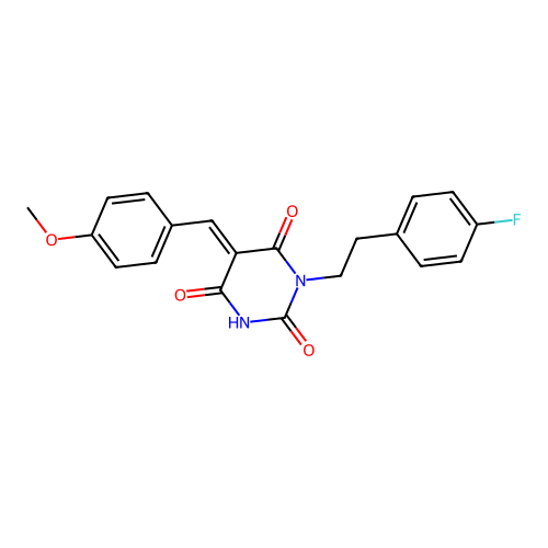 (E)-1-(4-fluorophenethyl)-5-(4-methoxybenzylidene)pyrimidine-2,4,6(1H,3H,5H)-trione structure