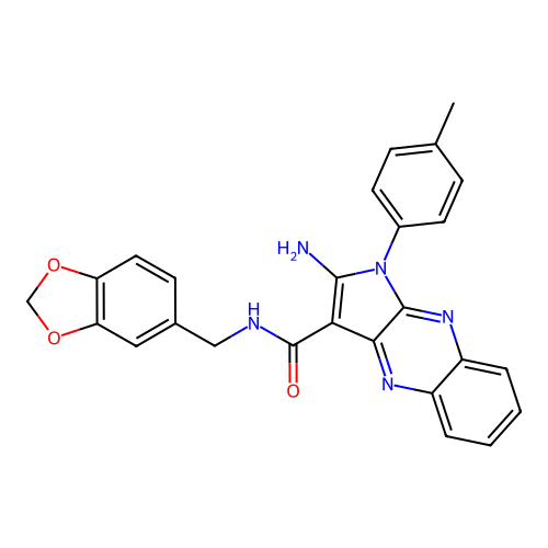 2-amino-N-(1,3-benzodioxol-5-ylmethyl)-1-(4-methylphenyl)-1H-pyrrolo[2,3-b]quinoxaline-3-carboxamide structure