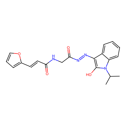 (2E)-3-(furan-2-yl)-N-(2-oxo-2-{(2E)-2-[2-oxo-1-(propan-2-yl)-1,2-dihydro-3H-indol-3-ylidene]hydrazinyl}ethyl)prop-2-enamide (non-preferred name) structure
