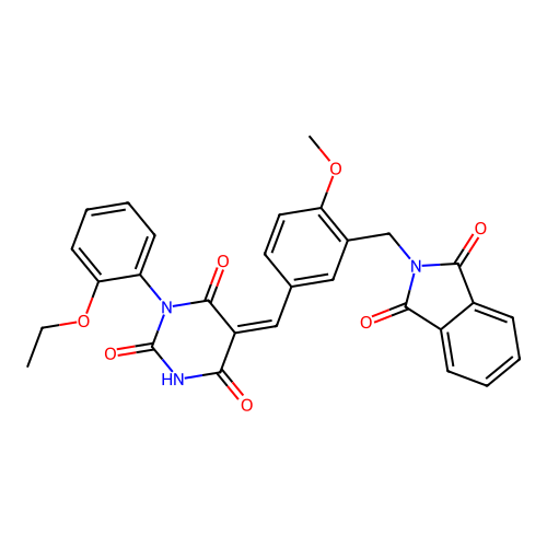 (Z)-5-(3-((1,3-dioxoisoindolin-2-yl)methyl)-4-methoxybenzylidene)-1-(2-ethoxyphenyl)pyrimidine-2,4,6(1H,3H,5H)-trione structure