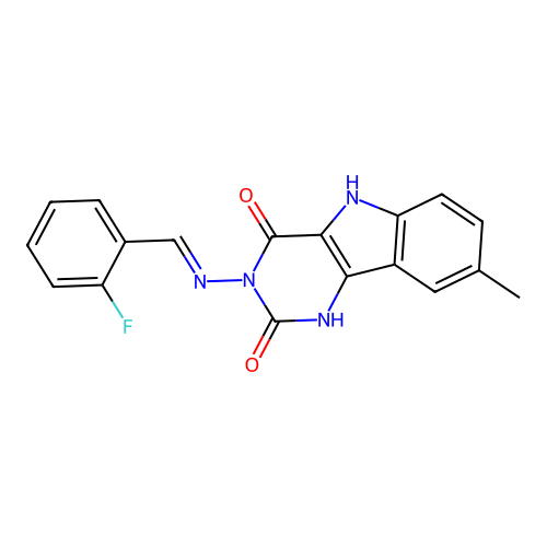 3-((2-fluorobenzylidene)amino)-8-methyl-1H-pyrimido[5,4-b]indole-2,4(3H,5H)-dione structure
