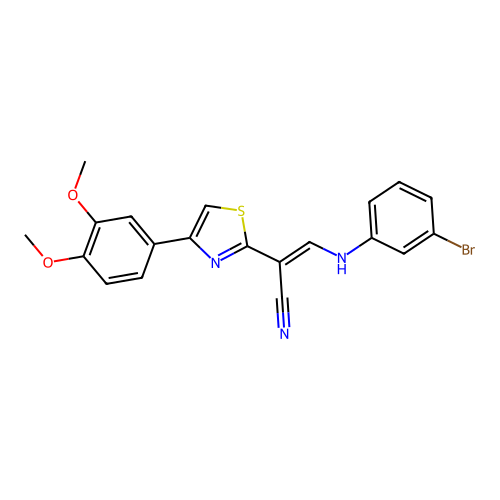 (E)-3-((3-bromophenyl)amino)-2-(4-(3,4-dimethoxyphenyl)thiazol-2-yl)acrylonitrile structure