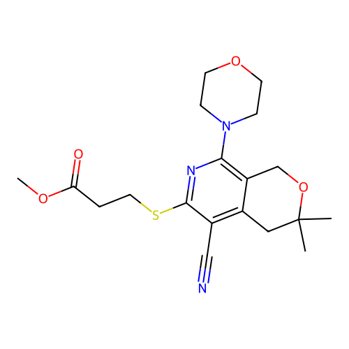 methyl 3-((5-cyano-3,3-dimethyl-8-morpholino-3,4-dihydro-1H-pyrano[3,4-c]pyridin-6-yl)thio)propanoate structure