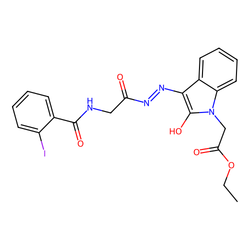 (Z)-ethyl 2-(3-(2-(2-(2-iodobenzamido)acetyl)hydrazono)-2-oxoindolin-1-yl)acetate structure