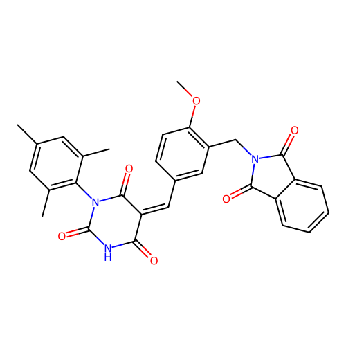 (Z)-5-(3-((1,3-dioxoisoindolin-2-yl)methyl)-4-methoxybenzylidene)-1-mesitylpyrimidine-2,4,6(1H,3H,5H)-trione structure