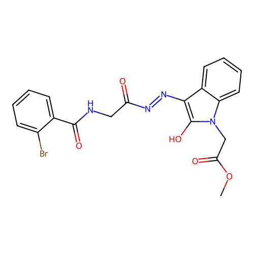 (Z)-methyl 2-(3-(2-(2-(2-bromobenzamido)acetyl)hydrazono)-2-oxoindolin-1-yl)acetate structure