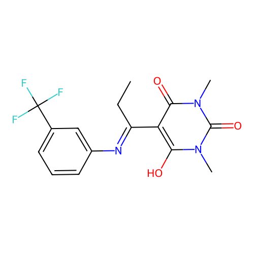 1,3-Dimethyl-5-[1-(3-trifluoromethyl-phenylamino)-propylidene]-pyrimidine-2,4,6-trione structure