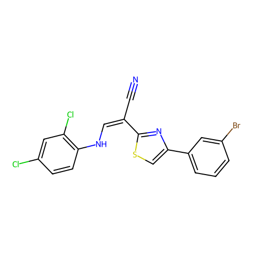 (Z)-2-(4-(3-bromophenyl)thiazol-2-yl)-3-((2,4-dichlorophenyl)amino)acrylonitrile structure