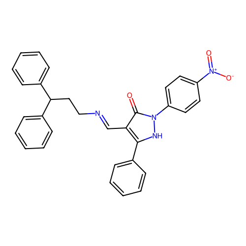 (4E)-4-[(3,3-diphenylpropylamino)methylidene]-2-(4-nitrophenyl)-5-phenylpyrazol-3-one structure