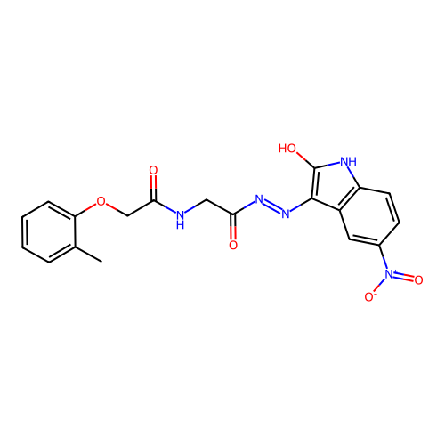 2-(2-methylphenoxy)-N-[[(5-nitro-2-oxo-indol-3-yl)amino]carbamoylmethyl]acetamide structure