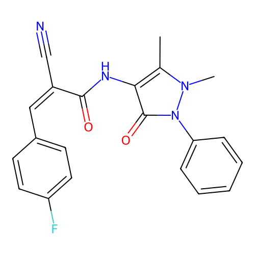 (Z)-2-cyano-N-(1,5-dimethyl-3-oxo-2-phenylpyrazol-4-yl)-3-(4-fluorophenyl)prop-2-enamide structure