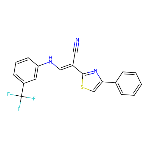(2E)-2-(4-phenyl-1,3-thiazol-2-yl)-3-{[3-(trifluoromethyl)phenyl]amino}prop-2-enenitrile structure