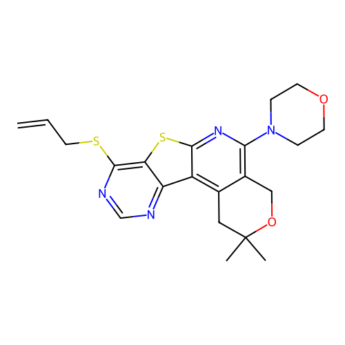 2,2-dimethyl-5-(morpholin-4-yl)-8-(prop-2-en-1-ylsulfanyl)-1,4-dihydro-2H-pyrano[4'',3'':4',5']pyrido[3',2':4,5]thieno[3,2-d]pyrimidine structure