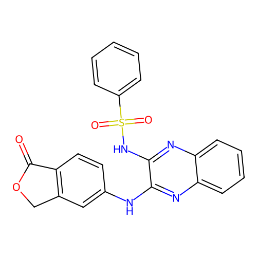 N-(3-((1-oxo-1,3-dihydroisobenzofuran-5-yl)amino)quinoxalin-2-yl)benzenesulfonamide structure