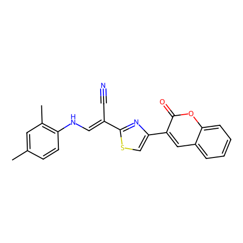 (E)-3-((2,4-dimethylphenyl)amino)-2-(4-(2-oxo-2H-chromen-3-yl)thiazol-2-yl)acrylonitrile structure