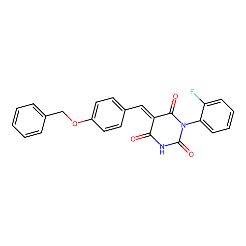 (5E)-1-(2-fluorophenyl)-5-[(4-phenylmethoxyphenyl)methylidene]-1,3-diazinane-2,4,6-trione structure