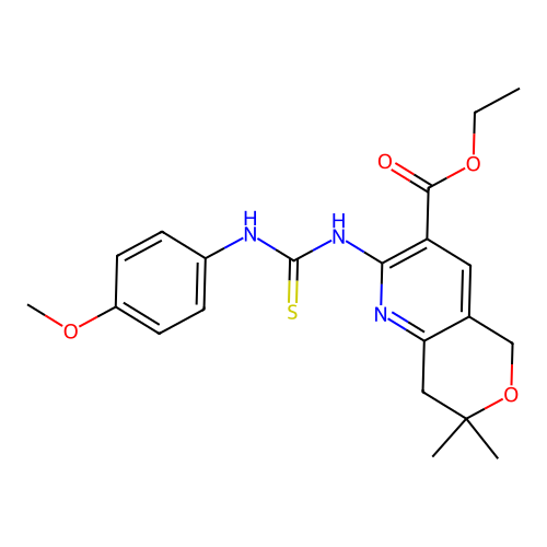 2-[3-(4-Methoxy-phenyl)-thioureido]-7,7-dimethyl-7,8-dihydro-5H-pyrano[4,3-b]pyridine-3-carboxylic acid ethyl ester structure