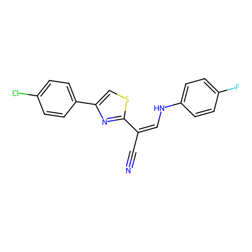 (2Z)-2-[4-(4-chlorophenyl)-1,3-thiazol-2-yl]-3-[(4-fluorophenyl)amino]prop-2-enenitrile structure
