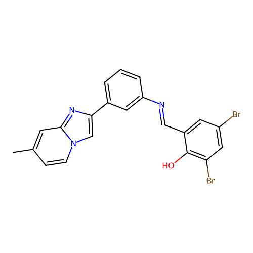 (E)-2,4-dibromo-6-(((3-(7-methylimidazo[1,2-a]pyridin-2-yl)phenyl)imino)methyl)phenol structure