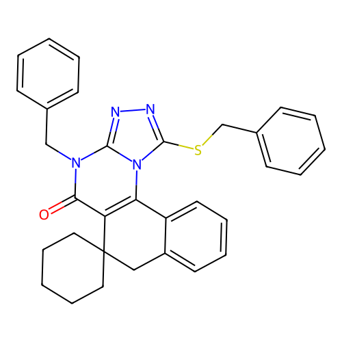 4-benzyl-1-(benzylsulfanyl)-4H-spiro[benzo[h][1,2,4]triazolo[4,3-a]quinazoline-6,1'-cyclohexan]-5(7H)-one structure
