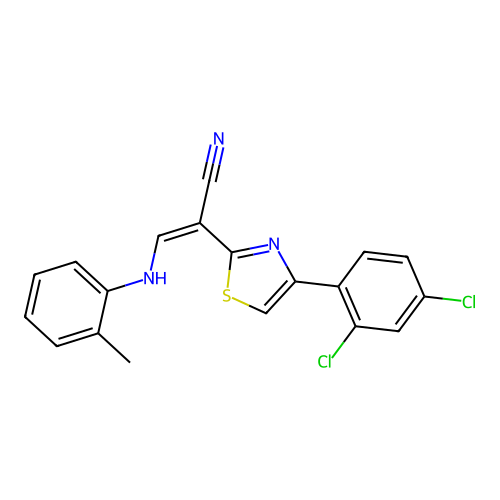 (Z)-2-(4-(2,4-dichlorophenyl)thiazol-2-yl)-3-(o-tolylamino)acrylonitrile structure