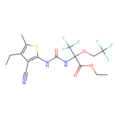 Ethyl 2-(([(3-cyano-4-ethyl-5-methyl-2-thienyl)amino]carbonyl)amino)-3,3,3-trifluoro-2-(2,2,2-trifluoroethoxy)propanoate # structure