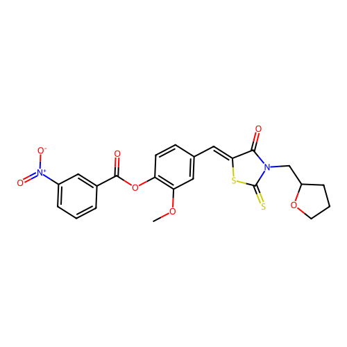 (Z)-2-methoxy-4-((4-oxo-3-((tetrahydrofuran-2-yl)methyl)-2-thioxothiazolidin-5-ylidene)methyl)phenyl 3-nitrobenzoate structure