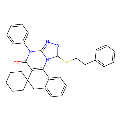 1-(phenethylthio)-4-phenyl-4H-spiro[benzo[h][1,2,4]triazolo[4,3-a]quinazoline-6,1'-cyclohexan]-5(7H)-one structure
