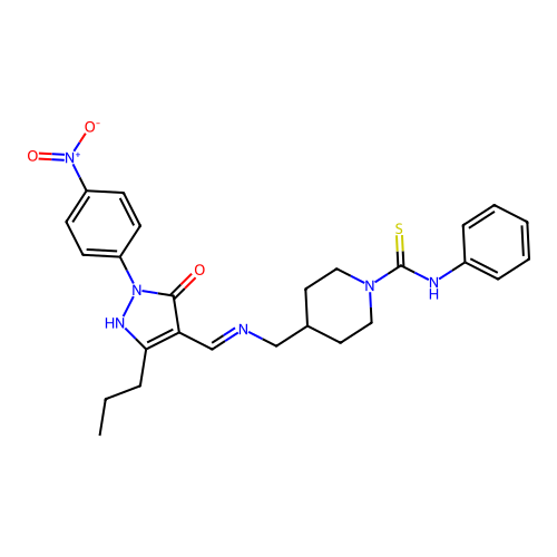 4-[({(E)-[1-(4-nitrophenyl)-5-oxo-3-propyl-1,5-dihydro-4H-pyrazol-4-ylidene]methyl}amino)methyl]-N-phenylpiperidine-1-carbothioamide structure