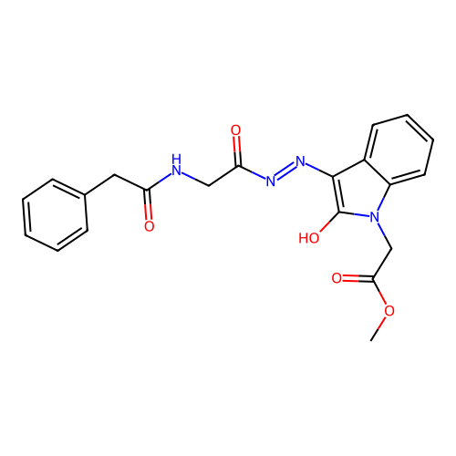 methyl 2-(2-oxo-3-(2-(2-(2-phenylacetamido)acetyl)hydrazono)indolin-1-yl)acetate structure