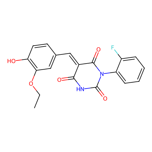 (E)-5-(3-ethoxy-4-hydroxybenzylidene)-1-(2-fluorophenyl)pyrimidine-2,4,6(1H,3H,5H)-trione structure