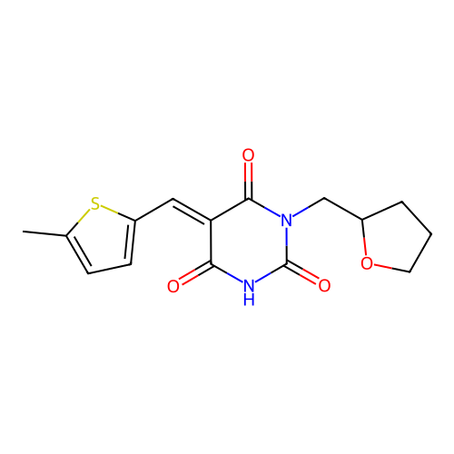 (5E)-5-[(5-methylthiophen-2-yl)methylidene]-1-(oxolan-2-ylmethyl)-1,3-diazinane-2,4,6-trione structure