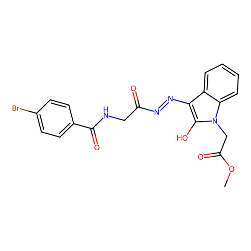 (Z)-methyl 2-(3-(2-(2-(4-bromobenzamido)acetyl)hydrazono)-2-oxoindolin-1-yl)acetate structure