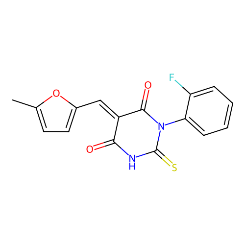 (E)-1-(2-fluorophenyl)-5-((5-methylfuran-2-yl)methylene)-2-thioxodihydropyrimidine-4,6(1H,5H)-dione structure