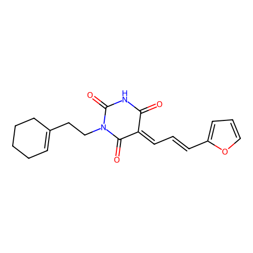 (5E)-1-[2-(cyclohexen-1-yl)ethyl]-5-[(E)-3-(furan-2-yl)prop-2-enylidene]-1,3-diazinane-2,4,6-trione structure