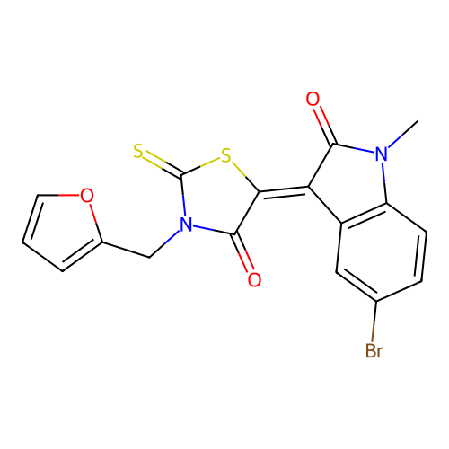 5-(5-bromo-1-methyl-2-oxo-1,2-dihydro-3H-indol-3-yliden)-3-(2-furylmethyl)-2-thioxo-1,3-thiazolan-4-one structure