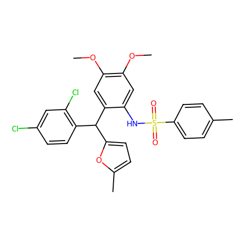 N-(2-((2,4-dichlorophenyl)(5-methylfuran-2-yl)methyl)-4,5-dimethoxyphenyl)-4-methylbenzenesulfonamide structure