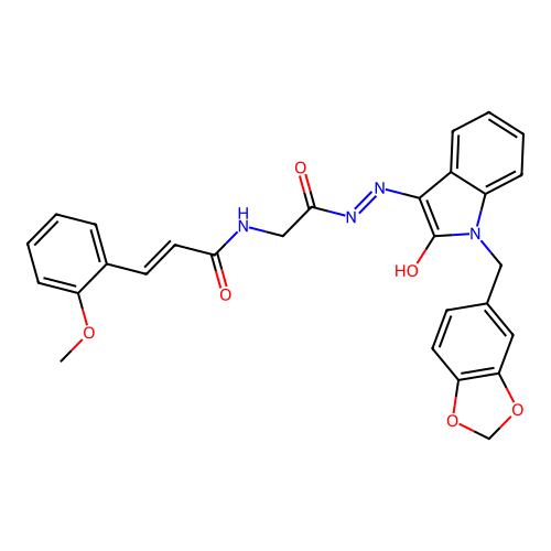 (2E)-N-(2-{(2Z)-2-[1-(1,3-benzodioxol-5-ylmethyl)-2-oxo-1,2-dihydro-3H-indol-3-ylidene]hydrazinyl}-2-oxoethyl)-3-(2-methoxyphenyl)prop-2-enamide (non-preferred name) structure