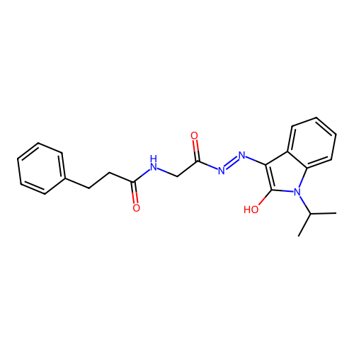 N-[2-oxo-2-[2-(2-oxo-1-propan-2-ylindol-3-ylidene)hydrazinyl]ethyl]-3-phenylpropanamide structure