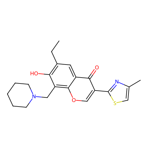 6-ethyl-7-hydroxy-3-(4-methyl-1,3-thiazol-2-yl)-8-(1-piperidylmethyl)chromen-4-one structure